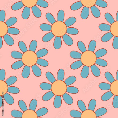 Daisy flowers from 1970 vibe. Vector seamless pattern. Hand-drawn illustration in flat style for groovy background, wallpaper, fabric, textile.