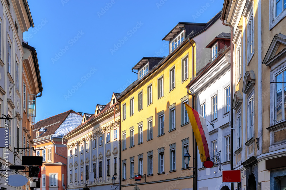 Beatiful facades in the downtown of Klagenfurt, Austria