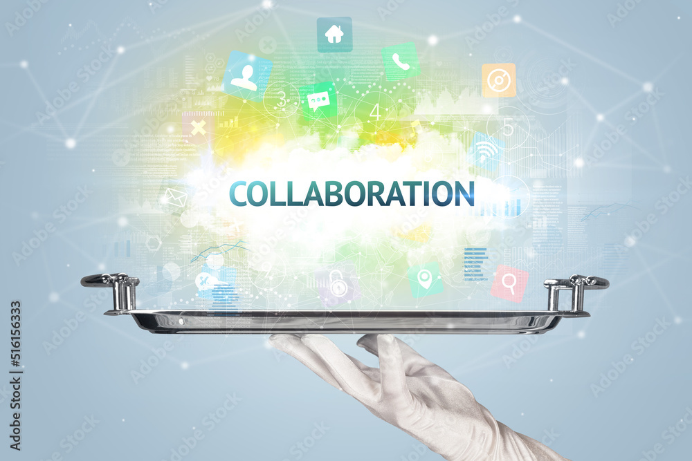 Waiter serving social networking concept Waiter serving social networking concept