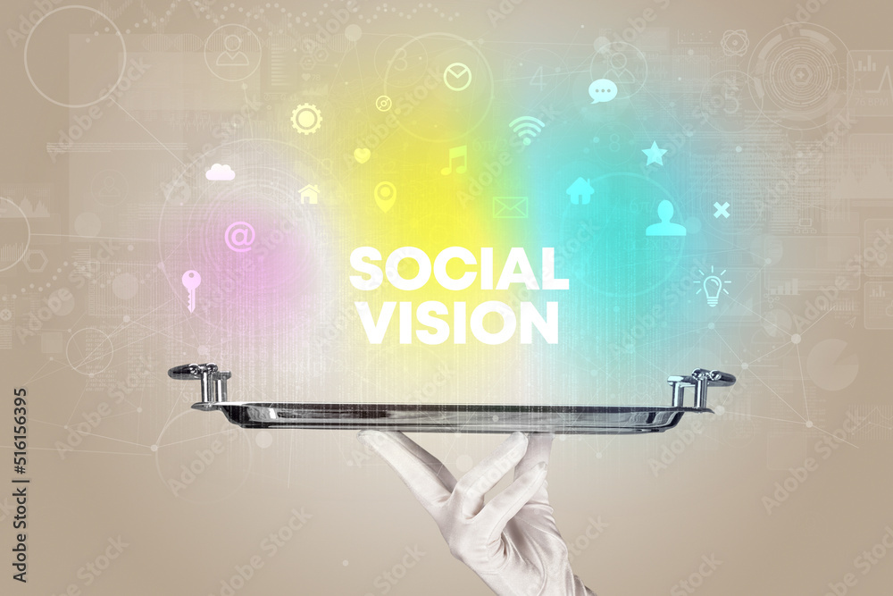 Waiter serving social networking concept Waiter serving social networking concept