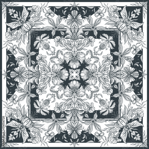 Vector black and white shawl print with beautiful hand drawn floral pattern