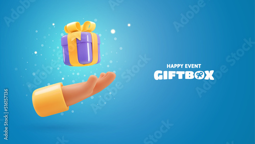 3d vector cartoon human hand giving purple gift box with yellow bow vector illustration. Arm delivering a giftbox on blue background