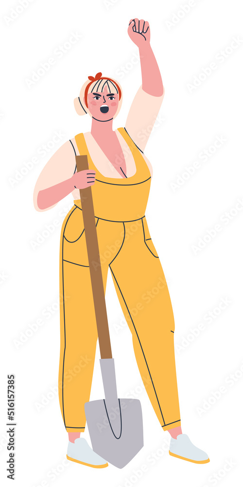 A woman in work clothes with a shovel screams loudly and waves her fist. Expression of protest. Isolated on white background.Flat vector illustration. Eps10