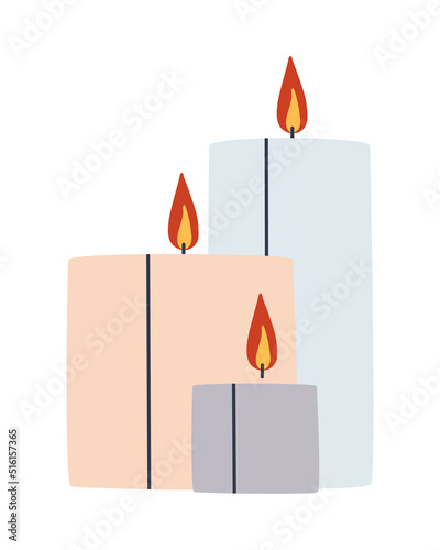 Three thick square candles of different heights are lit and burn with fire. Isolated on white background.Flat vector illustration. Eps10
