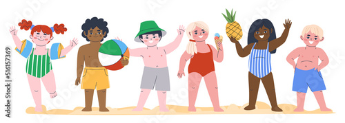 A group of children in bathing suits on the beach. Guys of different nationality and skin color. Flat vector illustration. Eps10