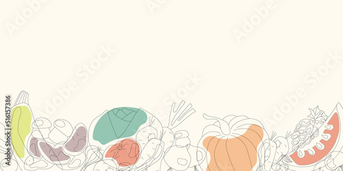 Vegetables and fruits sketchy illustration background for design. Farm organic vegetables banner. Hand drawn healthy food.