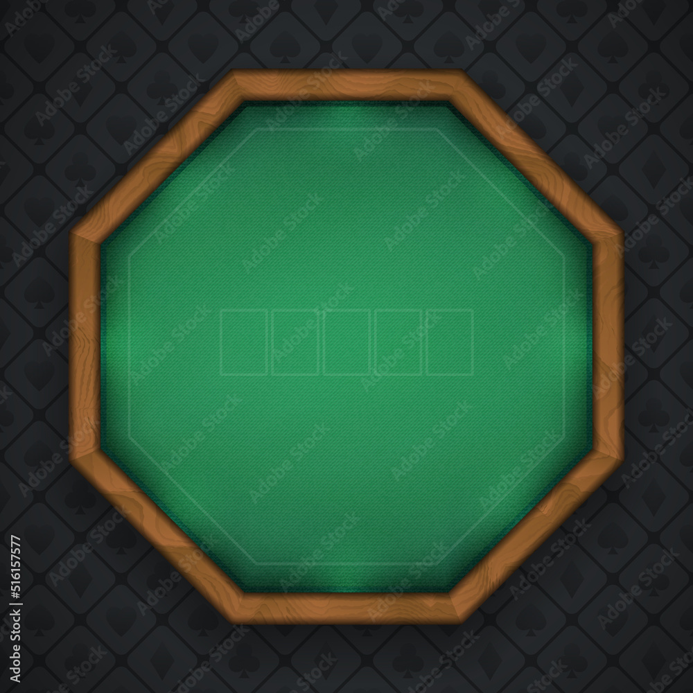 Octagonal poker table with illuminated wooden border. Realistic green