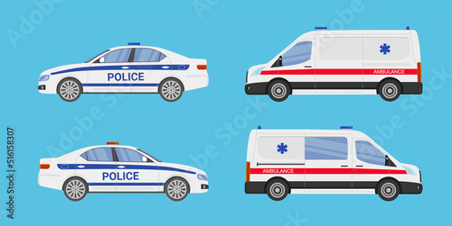 Police car and ambulance in flat style. Vector illustration.