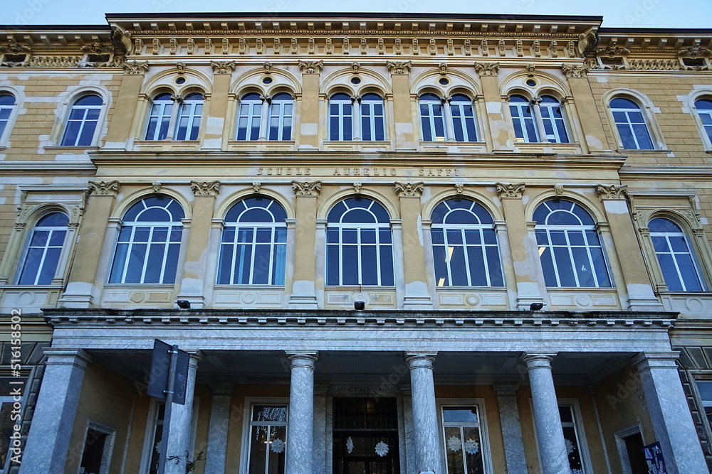 Aurelio Saffi school building in Gramsci square in Carrara, Tuscany, Italy