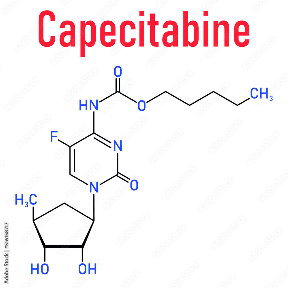 Skeletal formula of Capecitabine cancer drug molecule. Prodrug of 5-fluorouracil or 5-FU. Skeletal formula of Capecitabine cancer drug molecule. Prodrug of 5-fluorouracil or 5-FU.