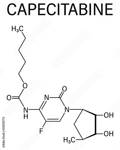 Skeletal formula of Capecitabine cancer drug molecule. Prodrug of 5-fluorouracil or 5-FU. photo