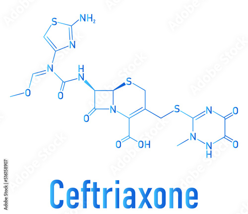 Skeletal formula of Ceftriaxone antibiotic drug molecule. Third-generation cephalosporin antibiotic. photo