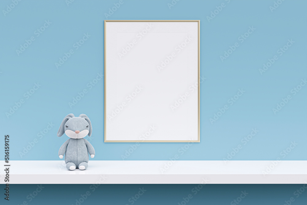 Blank picture frame with stuffed toy animal on a white shelf. 3d rendered illustration. Blank picture frame with stuffed toy animal on a white shelf. 3d rendered illustration.
