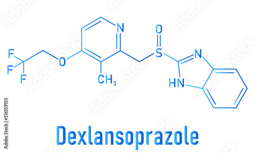 Skeletal formula of Dexlansoprazole gastric ulcer drug molecule. Proton pump inhibitor.