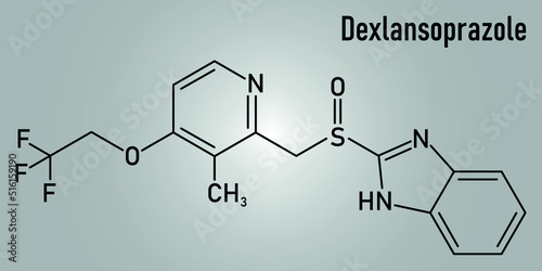Skeletal formula of Dexlansoprazole gastric ulcer drug molecule. Proton pump inhibitor.