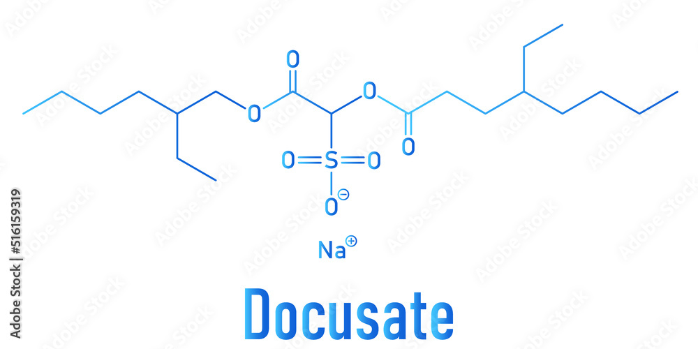 Skeletal formula of Docusate or dioctyl sulfosuccinate stool softener drug molecule. Skeletal formula of Docusate or dioctyl sulfosuccinate stool softener drug molecule.
