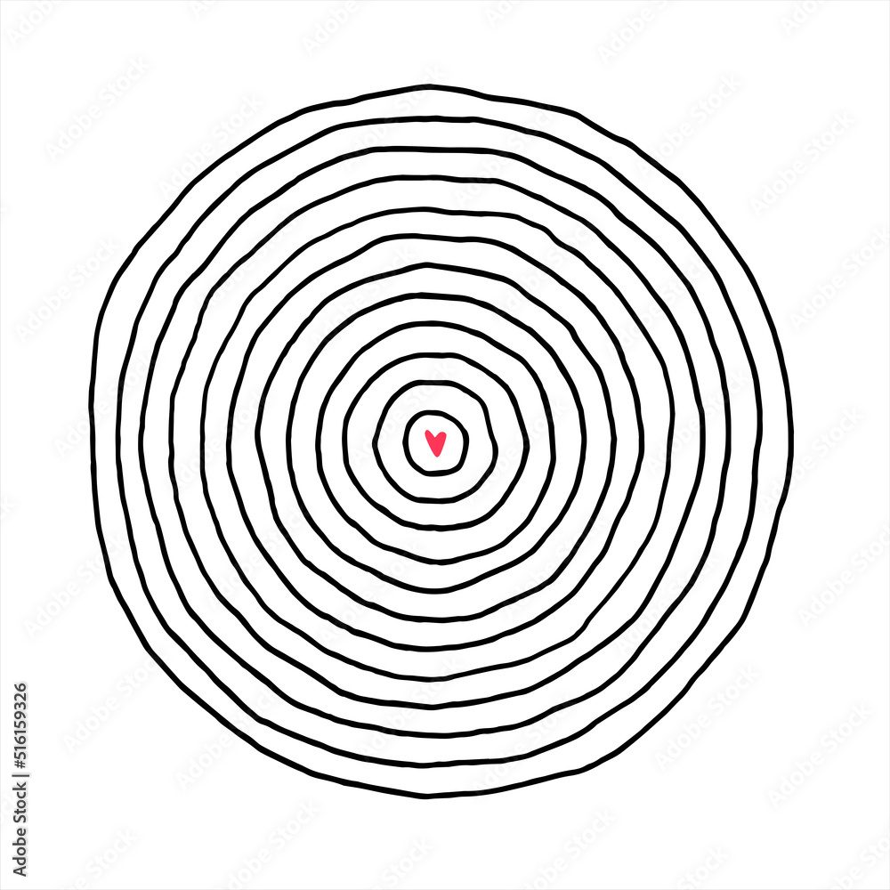 Hand drawn round shape made of uneven artistic linear concentric circles. Radial frame, border templates, graphic design elements set. Thin doodle lines. Tiny heart in the centre. Text background. Hand drawn round shape made of uneven artistic linear concentric circles. Radial frame, border templates, graphic design elements set. Thin doodle lines. Tiny heart in the centre. Text background.