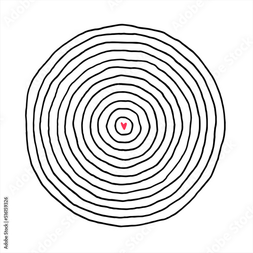 Hand drawn round shape made of uneven artistic linear concentric circles. Radial frame, border templates, graphic design elements set. Thin doodle lines. Tiny heart in the centre. Text background.
