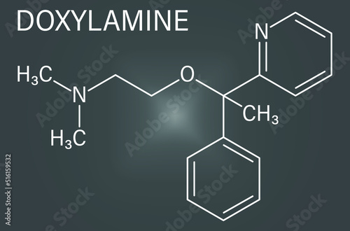 Skeletal formula of Doxylamine antihistamine drug molecule. Also used as over-the-counter, OTC, sedative.