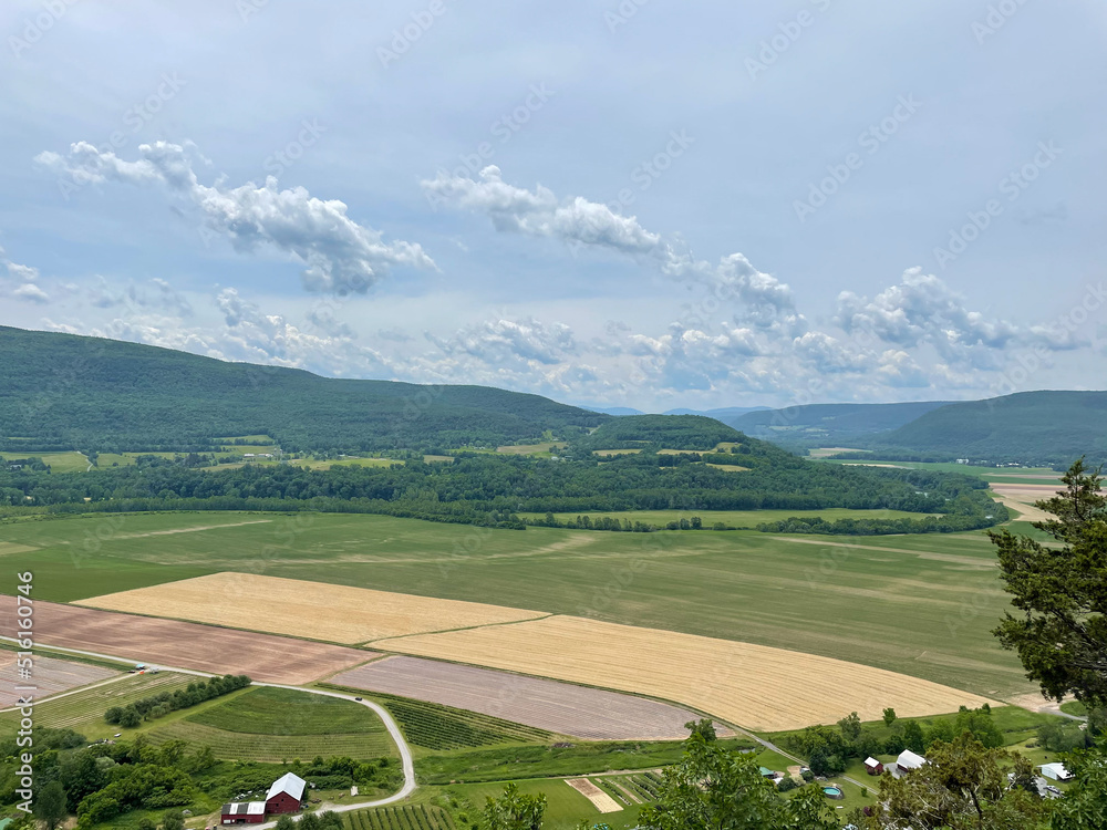 Views on farmland and mountains from Vroman's Nose Hiking Trail