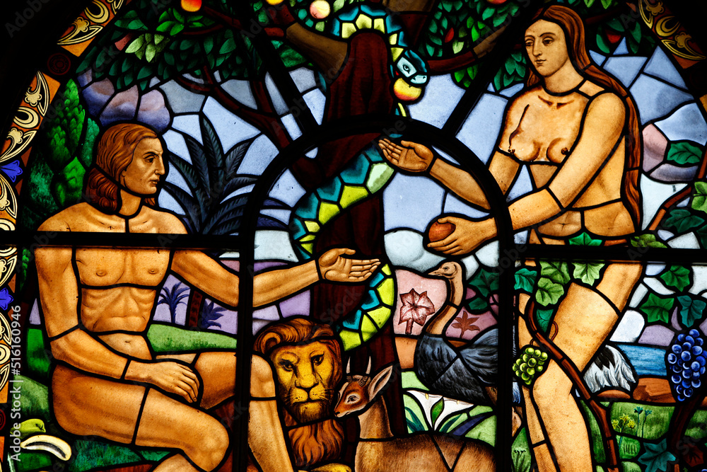 Stained glass window depicting Adam and Eve in the Garden of Eden, Holy Trinity Cathedral