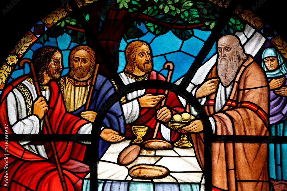Stained glass window depicting a biblical scene from Genesis in Holy Trinity Cathedral : Abraham meeting the Holy Trinity in Mamre.