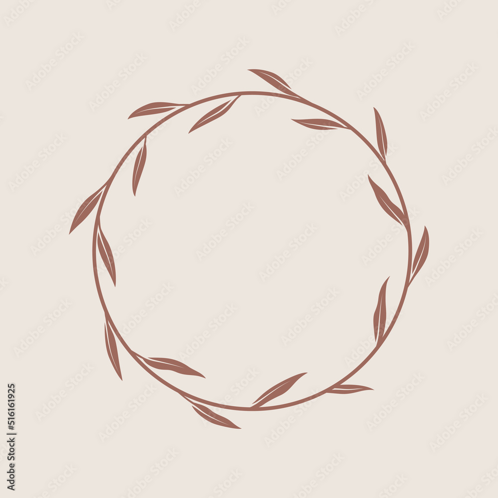 Round botanical frame element with willow leaves. Vector illustration for packaging, corporate identity, labels, postcards, invitations.