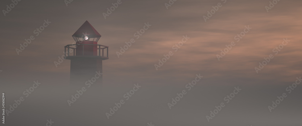 Εκτύπωση καμβά Lighthouse in the morning gloomy fog. Navigation safety