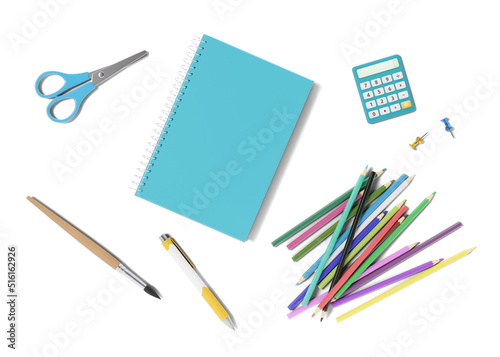 School stationery items isolated on white background. School supplies with shadows, cut out. Top view, flat lay. Pen, pencils, calculator, scissors, notebook, brush. 3D rendering.