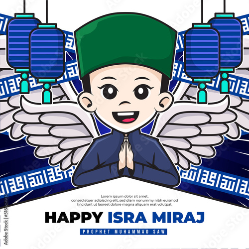 Happy isra miraj social media poster template with cute cartoon character of muslim