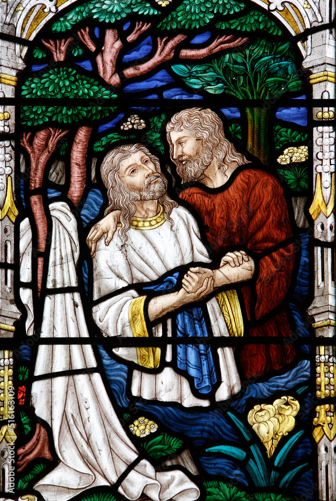Fototapeta premium Stained glass in St George anglican cathedral, Jerusalem : Christ's baptism