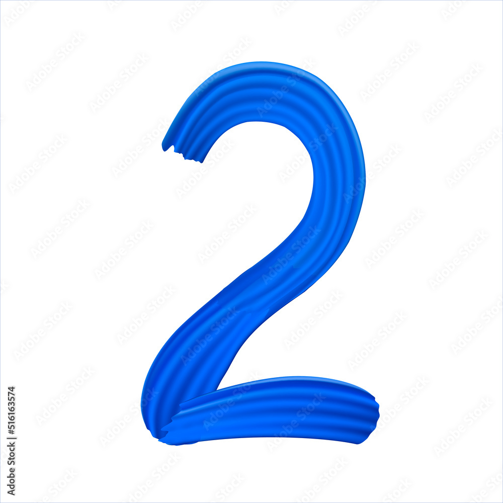Number 2 of realistic blue paint brush strokes. Numbers isolated on a white background. Number two written smears by deep blue paint.