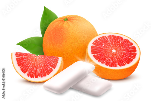 Grapefruit chewing gum. Bubble gum with grapefruit citrus flavor. Chewing pads with fresh ripe grapefruit, oral health product, realistic advertising poster. Isolated 3d vector illustration