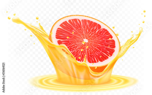 Grapefruit. Fresh ripe grapefruit in a splash of juice. Grapefruit beverage or flavor. Realistic 3d vector illustration isolated on transparent background