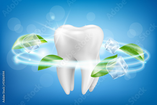 Ad template for toothpaste and other oral care products, with giant tooth model, ice cubes and mint leaves. Dynamic whitening effect, vector 3d realistic illustration
