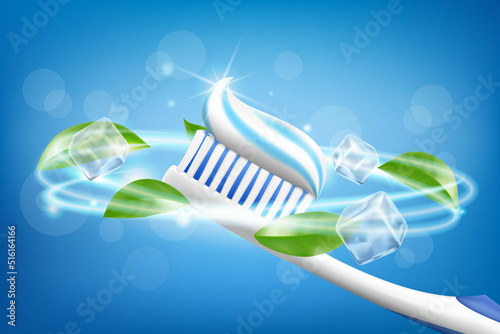 Toothpaste ads, refreshing mint. Toothpaste on toothbrush, mint leaves and ice cube. Drawn elements, realistic 3d vector illustration, cosmetics product, blur, blue background,sparkling effect photo