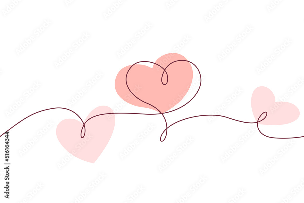 Love heart continuous line drawing whith red pink shape. Seamless garland. Black isolated linear template. Comic Doodle concept design Outline simple border for social media, web dialog chat.