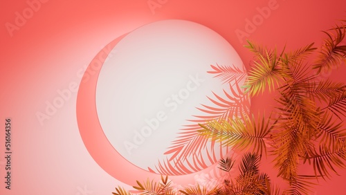 luscious red mockup background with podium in the middle and cat palms around  minimalistic tropical design