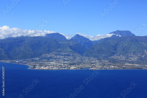 Reunion island city of Saint Denis and Le Port with mountain landscape