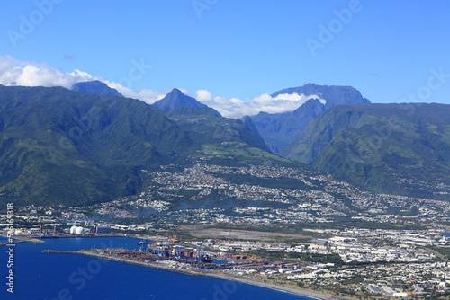 Reunion island city of Saint Denis and Le Port with mountain landscape photo