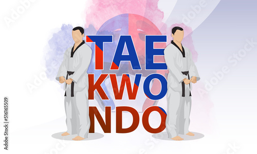 Two taekwondo martial arts athletes stand in a fighting stance. Abstract sports background.