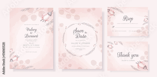 Set of wedding invitation cards with pink flowers, rosemary and eucalyptus leaves on a pink background.