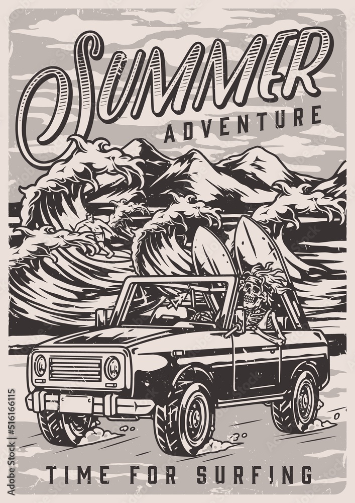 Ταπετσαρία Summer surfing monochrome flyer vintage