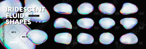 Holographic iridescent 3d fluid shapes, abstract colorful bright liquid amorphous rainbow bubbles, fluorescent chameleon gradient vector elements of various forms, set 2