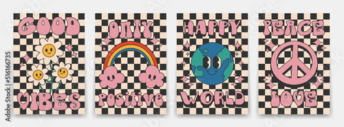 Collection of bright groovy posters 70s. Retro poster with psychedelic planet earth, flowers, rainbow and hippie sign. Vintage prints, isolated