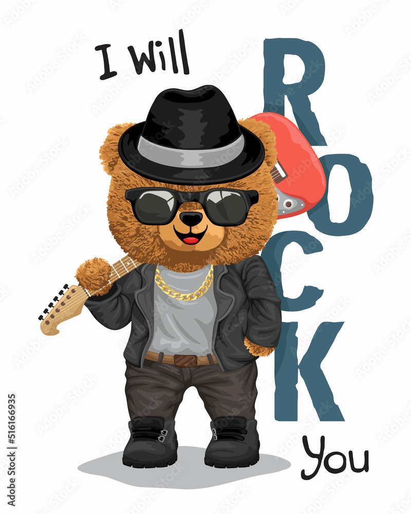 Vector illustration of teddy bear in rocker costume carrying electric guitar on its shoulder