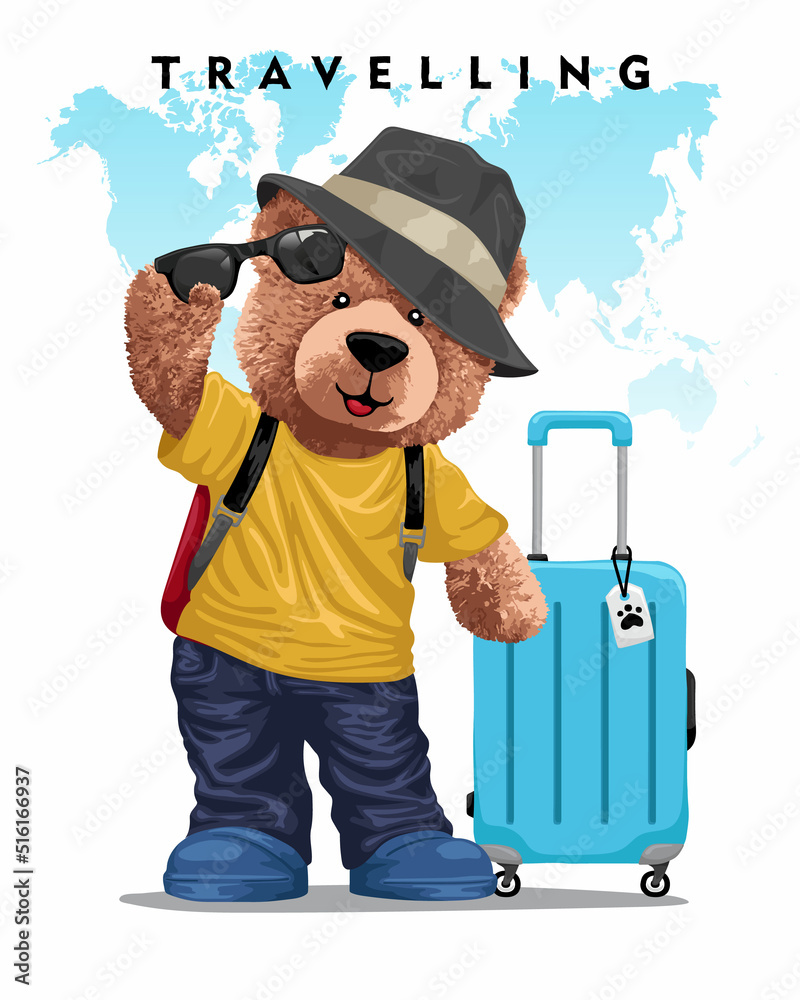 Vector illustration of teddy bear in traveler clothes with travel bag on world map background vector de Stock Adobe Stock