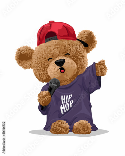 Vector illustration of teddy bear singing  in hip-hop style