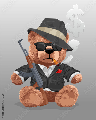 Vector illustration of teddy bear in suit wearing bowler hat while smoking with weapon