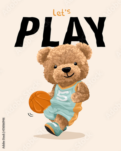 Hand drawn vector illustration of teddy bear cartoon playing basketball